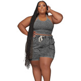 Spring Fall Plus Size Printed Casual Tank-Short Two-Piece Set