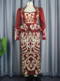 Spring Summer Style Chic Print Square Neck Long Sleeve Evening Dress