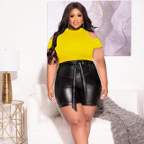 Plus Size Fashion Women's Solid Cutout Short Sleeve Top Sexy Slim Leather Shorts Two Piece Set
