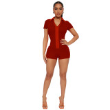 Women's Clothing Sexy Fashion Solid Turndown Collar Short Sleeve Zipper Ribbed Jumpsuit