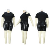 Plus Size Fashion Women's Solid Cutout Short Sleeve Top Sexy Slim Leather Shorts Two Piece Set