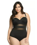Plus Size One Piece Swimsuit Solid Color Mesh Patchwork Low Back Swimwear