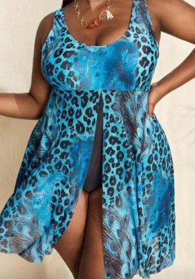 Plus Size Two Pieces Swimwear Leopard Print Beach Cover Up Bifurcated Swimsuit