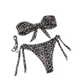 Swimsuit Two Pieces Lace-Up Strapless Leopard Push Up Women's Swimwear Bikini Set