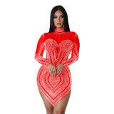 Women's Fashion Solid Color Mesh Beaded Long Sleeve Dress