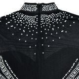 Women's Fashion Solid Color Mesh Beaded Long Sleeve Dress