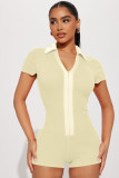 Women's Clothing Sexy Fashion Solid Turndown Collar Short Sleeve Zipper Ribbed Jumpsuit