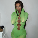 Summer Women's Sexy Cutout Tight Fitting Long Sleeve See-Through Jumpsuit