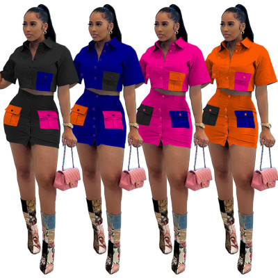 Women's Clothing Button Cargo Double Pocket Colorblock Short Sleeve Skirt Set