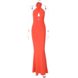 Women's Fashion Sexy Low Back Slim Solid Color Tie Dress