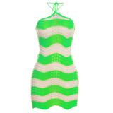 Summer women's fashion jacquard knitting contrast color high waist slim short dress
