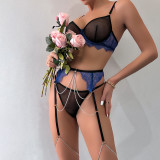 Sexy lingerie lace mesh Patchwork contrast color sexy gather See-Through with chain Three-Piece