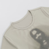 Basic Round Neck Portrait Print Short Sleeve T-Shirt Summer Fashion Slim Cropped Top