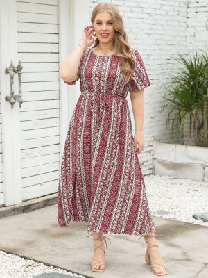 Summer Round Neck Print Short Sleeve Plus Size Women's Slim Waist Dress