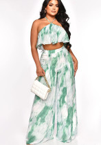 Low Back Sexy Halter Neck Strapless Chic Loose Print Pants Two-Piece Set