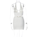 Summer Women's Knitting Halter Neck Wrapped Bodycon Skirt Two Piece Set