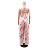 Low Back Sexy Halter Neck Strapless Chic Loose Print Pants Two-Piece Set