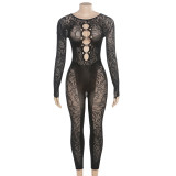 Summer Women's Sexy Cutout Tight Fitting Long Sleeve See-Through Jumpsuit