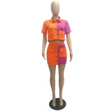Women's Color block Button Cargo Double Pocket Short Sleeve Skirt Set