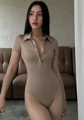 Women's Summer Fashion Sexy Button Up Tight Fitting Solid Color Short Sleeve Bodysuit