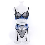 Sexy lingerie lace mesh Patchwork contrast color sexy gather See-Through with chain Three-Piece