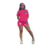 Women Short Sleeve Printed T-Shirt and Shorts Sports Two-Piece Set