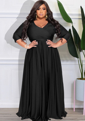 Plus Size Women Solid V-Neck Dress