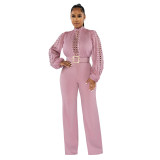 Women Belt Lace Cutout Solid Long Sleeve Jumpsuit