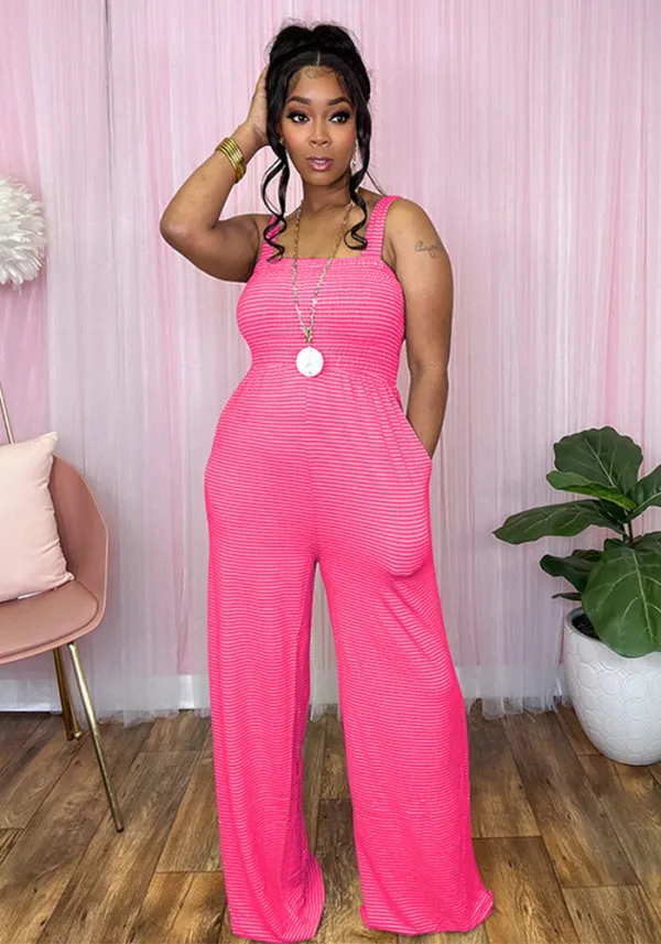 Women Summer Stripe Pocket Loose Suspender Jumpsuit