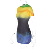 Women Summer Casual Print Round Neck Short Sleeve Bodycon Dress