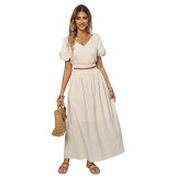 Women Solid V-Neck Short Sleeve Top and Skirt Two-Piece Set