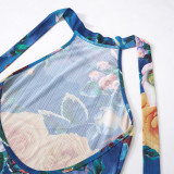 Women Summer Casual Print Sleeveless Backless Mesh Halter Neck Maxi Dress