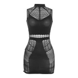 Summer Women's Sexy Fishnet See-Through Hollow Out High Waist Long Sleeve Tight Fitting One Piece Dress For Women