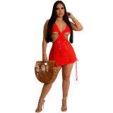 Sexy Slim Solid Color Knitting Hollow Out Halter Lace Up Beach Dress