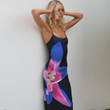 Women's Summer Print Sexy Low Back Slit Slim Strap Dress
