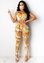 Trendy Print Lace-Up Side Slit Fitted Three-Piece Pants Set