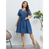 Women's Summer Blue Button Belted Slim Waist Short Sleeve Plus Size Casual Dress