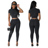 Solid Round Neck Tight Fitting Sexy Women's Sport Two Piece Pants Set