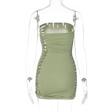 Women's Summer Side Lace-Up Hollow Patchwork Strapless Slim Solid Color Dress For Women