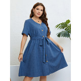 Women's Summer Blue Button Belted Slim Waist Short Sleeve Plus Size Casual Dress