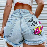 Summer Denim Shorts Print Mid Rise Casual Short Jeans