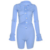 Women's Fashion Long-Sleeved Single-Breasted T-Shirt Striped Shorts Two Piece Set For Women