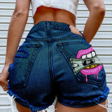 Ladies Summer Fashion Print Ripped Denim Shorts Ripped Jeans