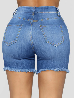 Ladies Trendy Ripped Tassel Denim Tight Fitting Shorts
