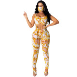 Trendy Print Lace-Up Side Slit Fitted Three-Piece Pants Set