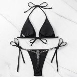 Solid Lace-Up Chain Thong Low Back Sexy Two Pieces Bikini Swimsuit