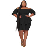 Plus Size Women's Fashion Casual Solid Off Shoulder Two-Piece Shorts Set