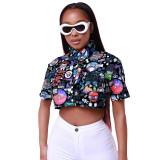 Women's Casual Style Print Turndown Collar Short Sleeve Shirt Top