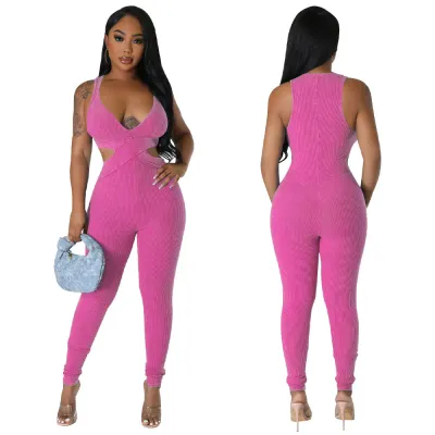 Fashion Women's Sleeveless Sexy Deep V Neck Tight Fitting Jumpsuit