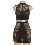 Summer Women's Sexy Fishnet See-Through Hollow Out High Waist Long Sleeve Tight Fitting One Piece Dress For Women